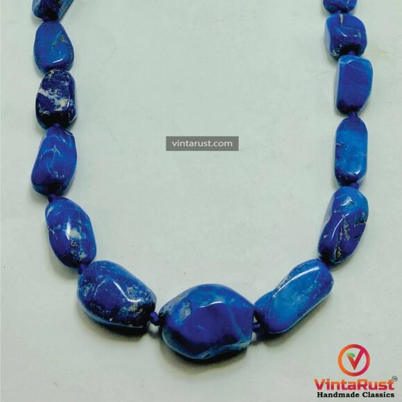 Handmade Lapis Lazuli Gemstone Necklace, Vintage Beaded Stone Necklace, - Picture 5 of 10